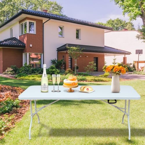 Garvee 6 Foot Plastic Folding Table Portable Long Table for Indoor Outdoor Use Rectangular with Carrying Handle for Party Events, White