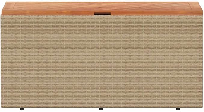 Garden Storage Box, Outdoor Deck Box with Poly Rattan and Acacia Wood, 43.3 inch Rectangular Patio Storage Bin for Cushions and Blankets, Beige and Brown