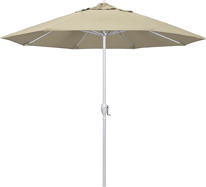 California Umbrella 12-Year Protection 9' Rd Aluminum Patio Umbrella, Crank Lift, Auto Tilt, White Finish, Sunbrella Antique Beige