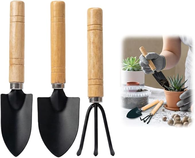 3Pcs Gardening Tools Set, Rust-Resistant Iron & Solid Wood Small Garden Tools, Indoor Plant Tools for Succulents Bonsai, Hand Trowel Shovel Rake Kit for Repotting & Small-Space Gardening (3pcs)