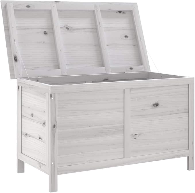 Outdoor Garden Storage Box, Large Wooden Deck Chest with Slatted Base, Weather-Resistant Fir Wood Storage Bin for Patio, Backyard, and Balcony, White
