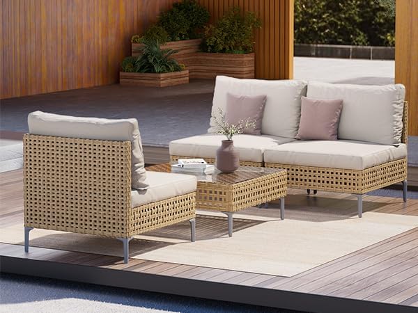 Grand patio 4-Piece Wicker Patio Furniture Set, Boho Outdoor Conversation Set Sectional Sofa with Water Resistant Thick Cushions and Coffee Table, Cream