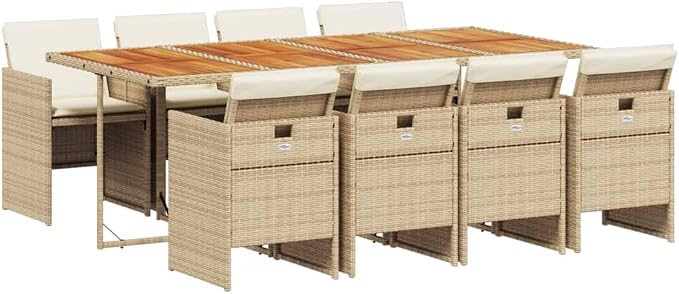 9-Piece Patio Dining Set, 8-Seater Outdoor PE Rattan Table and Chair Furniture, Foldable Garden Seating with Cushions, Space-Saving Cube Design, Brown and Beige