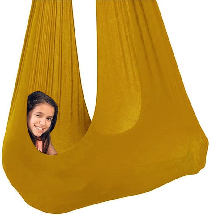 Sensory Swing for adults Indoor kids Therapy Swing Calming Snuggle Hammock durable soft strong fabric swing Excellent stretchability Includes Hanging Hardware ( Color : Gold , Size : 1.5M x 2.8M )