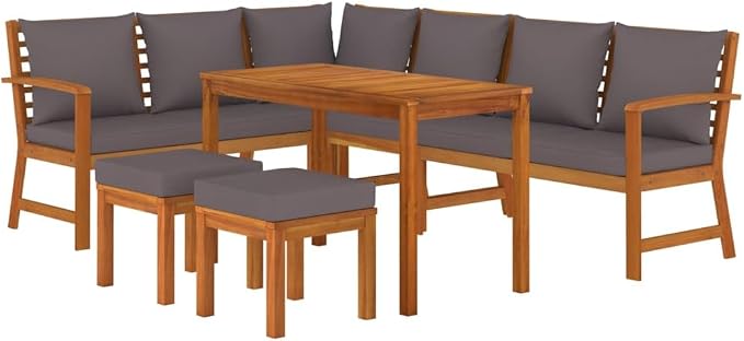7 Piece Patio Dining Set with Cushions, Solid Acacia Wood Outdoor Garden Furniture with Thick Padded Seats, Rustic Brown Terrace Sofa and Table Set