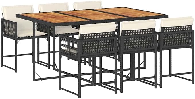 7 Piece Outdoor Patio Dining Set with Cushions Black Poly Rattan, Space-Saving Folding Chairs, UV-Proof PE Rattan and Acacia Wood Table for Garden Backyard Deck Entertaining