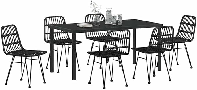 Afuera Living 7 Piece Poly Rattan Garden Dining Set, Black Finish, Rectangular UV-Resistant Design, Powder-Coated Steel Frame, Seats 6, Weather-Resistant Outdoor Patio or Garden Furniture for Dining