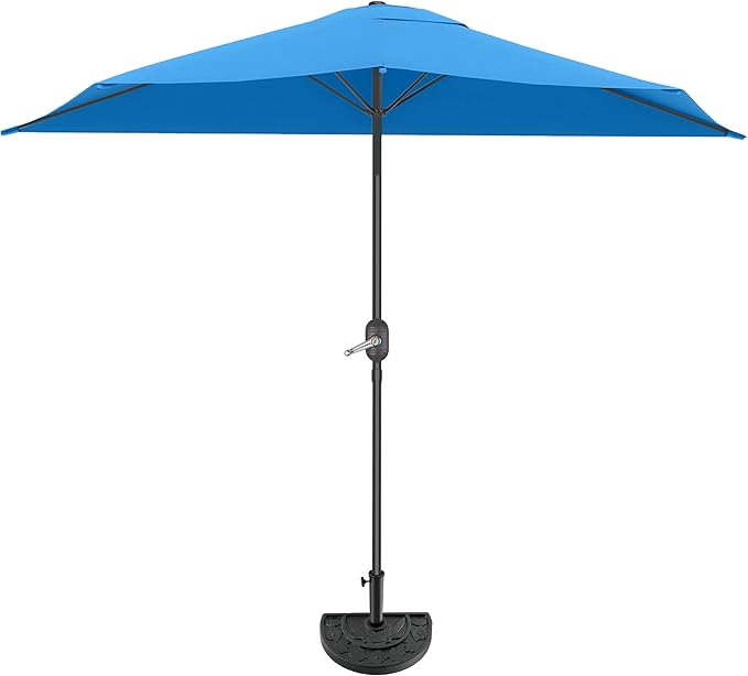 Half Umbrella Outdoor Patio Shade - 9 ft Patio Umbrella with Easy Crank and 20lb Weighted Base - Small Canopy for Balcony, Table, or Deck by Pure Garden (Sky Blue)