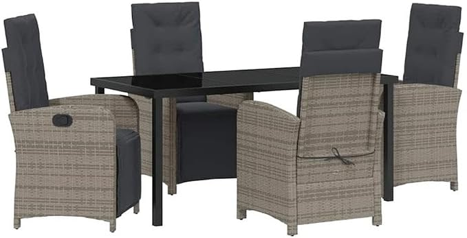 Afuera Living 5 Piece Poly Rattan Garden Dining Set, Gray with Cushions, Tempered Glass Tabletop, Weather-Resistant Frame, Modern Outdoor Patio Furniture for Gardens or Decks, Seats 4