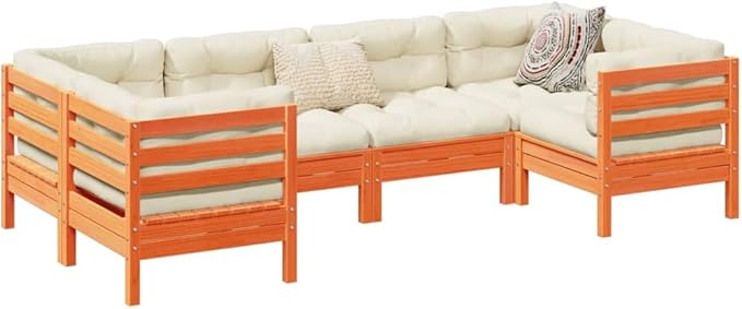6 Piece Patio Sofa Set with Cushions, Front Porch Furniture Outdoor Dining Sets Patio Conversation Set Garden Lounge Set for Exhibition Garden Poolside Wax Brown Solid Wood Pine