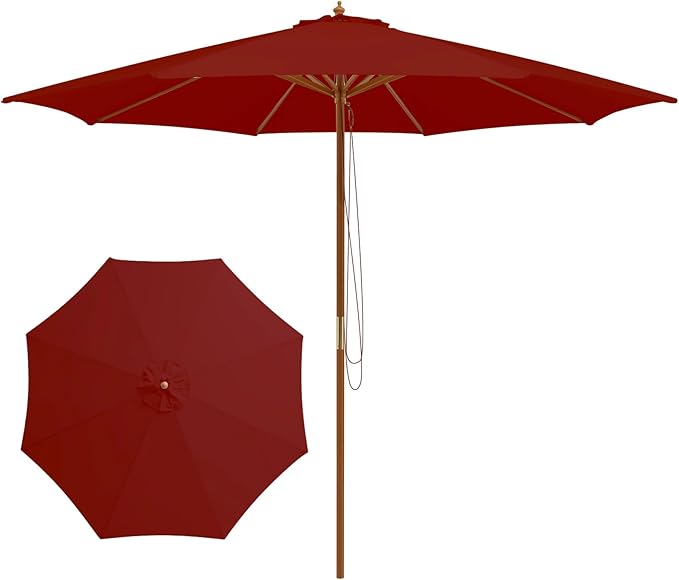 Tangkula 10FT Patio Umbrella, Outdoor Table Market Umbrella w/8 Wooden Ribs, 3 Adjustable Heights, Rope Pulley System, Detachable Pole, Wooden Patio Umbrella for Garden, Poolside, Backyard (Burgundy)