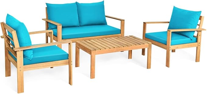 HAPPYGRILL 4 Pieces Wood Patio Conversation Set, Outdoor Furniture Set Wood Sofa Table Set with Cushions, Acacia Wood Chairs & Coffee Table Set for Garden Backyard Poolside