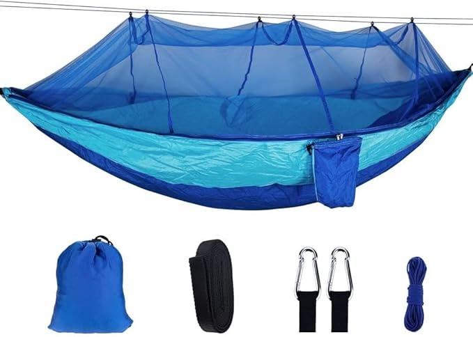 Swing Set Camping Hammock with Net, Lightweight Parachute, Outdoor Nylon Net Hammock Camping Swing Seat (Color : Sky Blue Dark Blue)