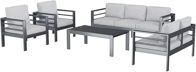 AECOJOY Aluminum Patio Furniture Set, 7 Seats Modern Outdoor Furniture with Coffee Table, 5 Pieces Metal Conversation Sectional Sofa, Light Gray