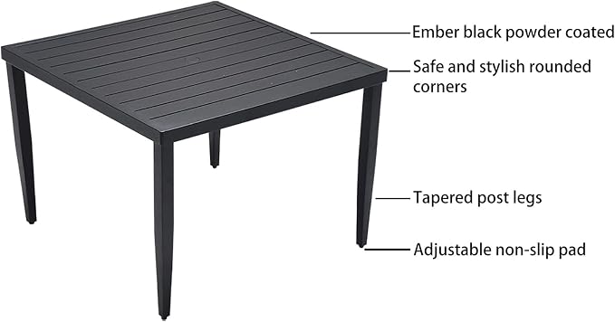 Outdoor Patio Aluminum 40"x40" Square Dining Table with Tapered Feet & Umbrella Hole, Ember Black