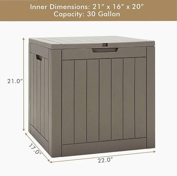 Light Brown 30-Gallon Deck Box Storage with Woodgrain Texture, 22x17x21in for Patio & Garden - Waterproof Lid, UV-Resistant