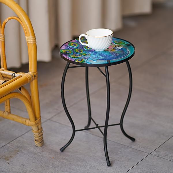 13.5 Inch Round Peacocks Glass Side Table, Patio Small Table, Outdoor Side Table, Outdoor Bar Table, Metal Glass End Table for Porch Garden Patio Pool Living Room