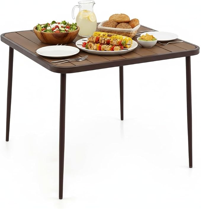 Tangkula 35-Inch Square Patio Dining Table, 4-Person Outdoor Dining Table with 2" Umbrella Hole, Wood-Plastic Tabletop & Metal Legs, Outside Table Bistro Table for Deck, Backyard, Garden, Poolside