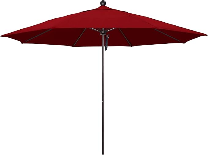 California Umbrella 11Ft Commercial Grade Sunbrella Fabric Market Umbrella, Pulley Lift, Aluminum/Fiberglass, 2mm pole wall, Bronze Frame, Jockey Red Fabric