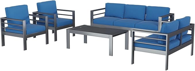 AECOJOY Aluminum Patio Furniture Set, 7 Seats Modern Outdoor Furniture with Coffee Table, 5 Pieces Metal Conversation Sectional Sofa, Blue