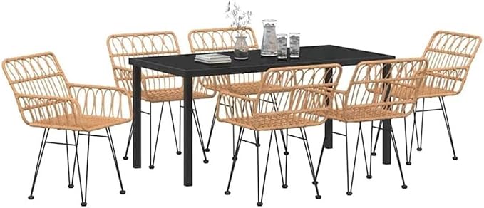 Afuera Living 7 Piece Poly Rattan Garden Dining Set, Rectangular Black Powder-Coated Steel Frame, UV-Resistant Weather-Ready Outdoor Patio Furniture, Armrests, Seating for 6