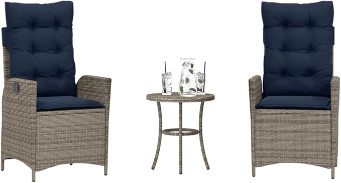 3 Piece Bistro Set with Cushions, Porch Furniture Set Outdoor Dining Sets Outdoor Sofa Set Patio Conversation Set for Garden Poolside Piazza Exhibition Gray Poly Rattan