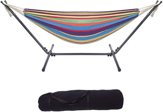 Hammock with Stand, Double Cotton Hammock with Space Saving Steel Stand, Heavy Duty Outside Garden Yard Outdoor 250lb Capacity Standing Hammocks and Portable Carrying Bag