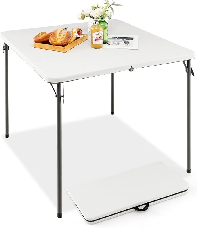 Giantex Portable Folding Table, Foldable Picnic Table with All-Weather HDPE Tabletop, Metal Frame & Carry Straps, Heavy Duty Outdoor Camping Table, Lightweight Card Table for Beach, BBQ, Party (White)