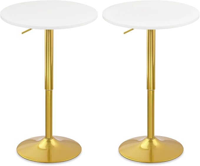 CLATINA Round Bar Pub Table, 26"-36" Height Adjustable Bistro Tables with Gold Base, 360°Swivel High Top Cocktail Table for Home Kitchen Party Drink Restaurant Wedding Cafe Office Reception,White,2PK