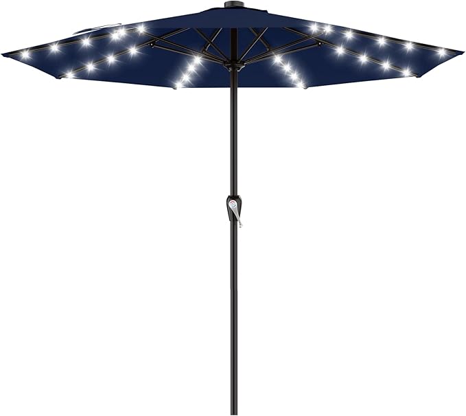 AreShark 12FT Large Patio Umbrella with Solar Lights, Solar Powered Outdoor Umbrella with Crank, Patio Table Market Umbrellas for Garden, Deck, Backyard, Pool and Beach, Navy