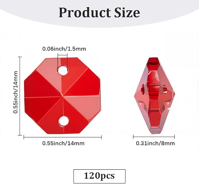 1 Box 120Pcs 14mm Crystal Glass Octagon Beads 2 Hole Crystal Prism Beads Red Glitter Chandelier Replacement Connector Suncatcher Faceted Spacers for DIY Lamp Hanging Ornament Pendant Adults