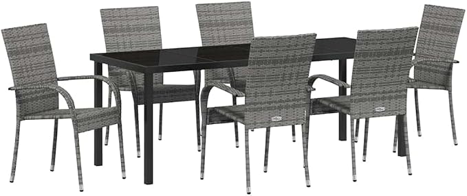 7 Piece Garden Dining Set, Outdoor Patio Furniture with 6 Chairs and Steel Table, Grey Weather-Resistant Dining Furniture for Backyard Deck Balcony