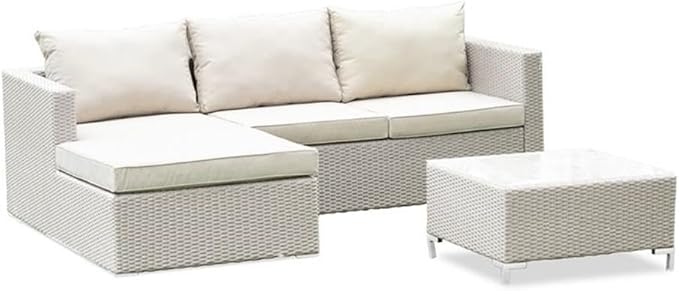 East West Furniture ACL3S03A 3 Piece Patio Furniture Set - Outdoor Sectional Sofa Set Contains a Rectangle Glass Top Bistro Wicker Tea Table and Linen Fabric Cushion , 63x87 Inch, Natural Linen
