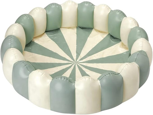 Petites Pommes Striped Blow Up Pool for Toddlers & Kids - Handprinted Classic Foldable Swimming Pools - Durable, BPA-Free PVC Kiddie Pool with Repair Patch & Storage Bag, Dusty Green, 63 x 18 Inch