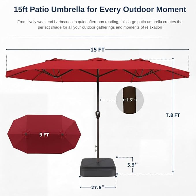 15FT Large Patio Umbrella with Base, Double Sided Rectangular Outdoor Umbrella with Sturdy Fiberglass Ribs, UPF 50+ Sun Protection, Wind-Resistant, Waterproof Fade-Resistant Fabric for Pool, Garden, Backyard, Deck(Red)