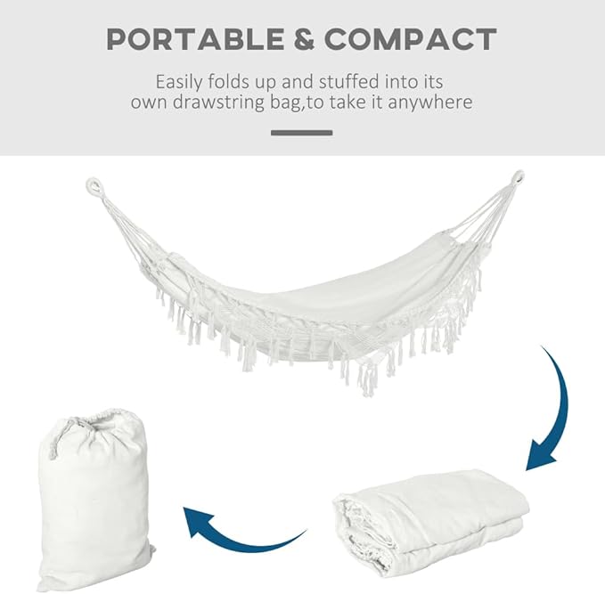 Large Boho Rope Hammock with Carrying Case, Macrame Pattern Bed for Patio Camping Garden Beach, Includes Tassel Fringe, White Outdoor Hanging Chair