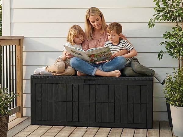 Outdoor Storage Box, 220 Gallon Lockable Resin Large Deck Box, Large Storage for Patio Furniture, Toys, Garden Tools, Sports Equipment, Black