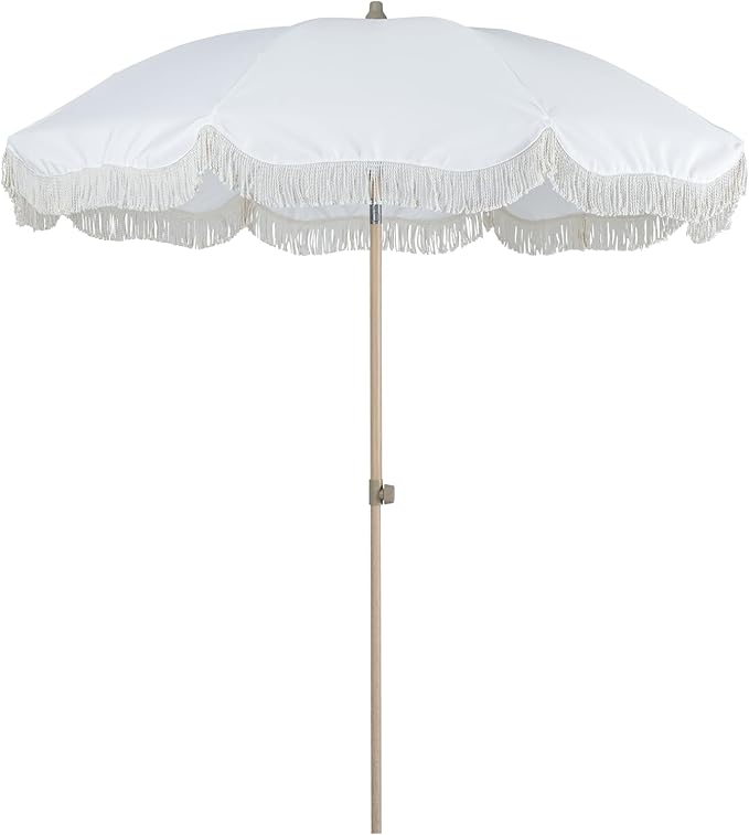 Tempera 7ft Boho Beach & Patio Umbrella with Fringe, Market Umbrellas with UPF 50+ UV & Water-Resistant Canopy, 1.5" Wood Pole & Button Tilt.