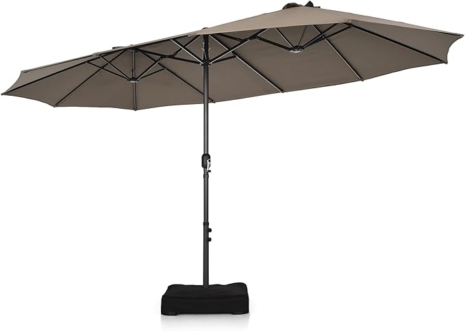 Tangkula 15FT Double-Sided Patio Umbrella, Outdoor Market Umbrella W/Hand-Crank System & Enhanced Base, Ultra-Large Twin Garden Umbrella W/ 12-Rib Structure for Residential & Commercial Use (Coffee)