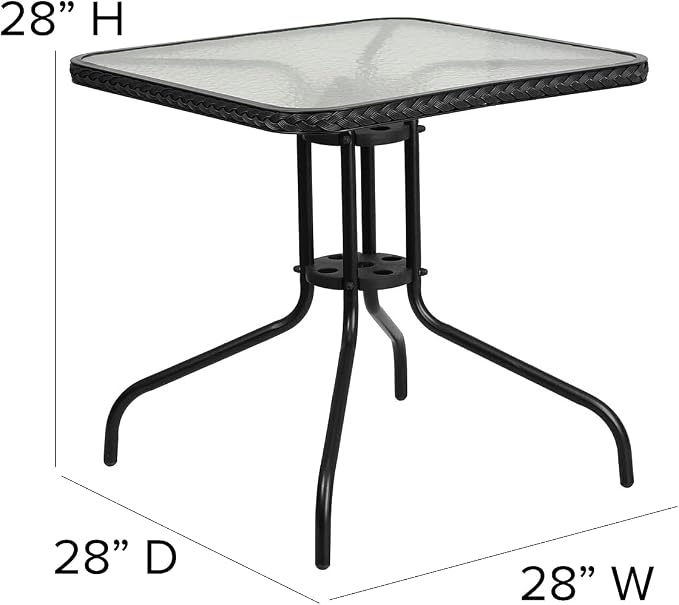 Flash Furniture Lila 28'' Square Glass Metal Table with Black Rattan Edging and 2 Black Rattan Stack Chairs