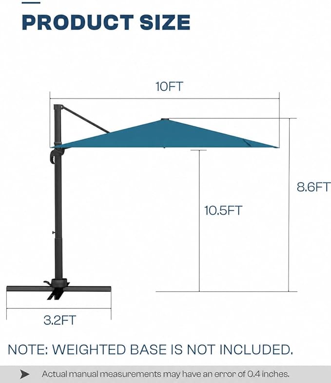 10'×10' Patio Umbrella, Aluminum Cantilever Umbrella with 360°Rotation, Offset Patio Umbrella with Easy Tilt Fade Resistance for Pool Deck Garden Backyard, Lagoon (Base not Included)
