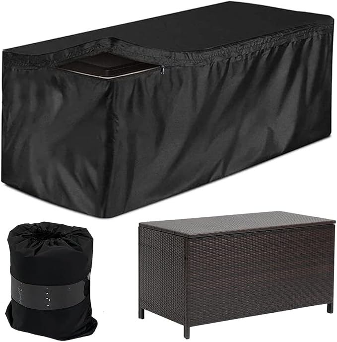 SUNSURE Deck Box Cover Heavy Duty Waterproof Outdoor Ottoman Bench Cover for Keter Large Deck Boxes Rectangular Storage Box Cover with Drawstring and Zipper (51x23x28in)