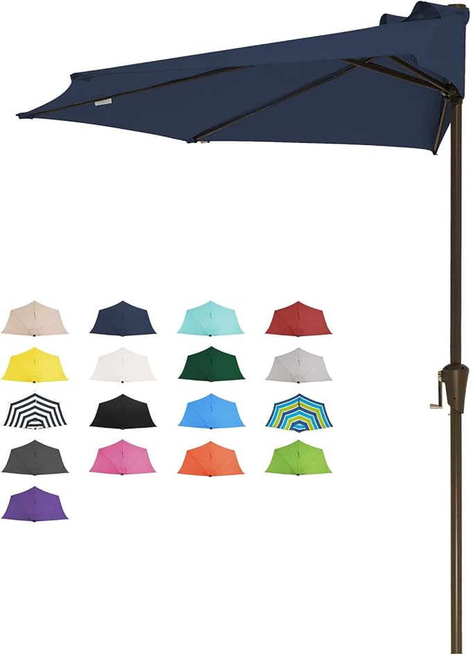 JEAREY 9ft Half Umbrella Outdoor Patio Umbrella Market Umbrella with Crank, 1/2 Round Wall Umbrella 5 Sturdy Ribs UV Protection for Pool Garden Balcony Deck, Purplish Blue