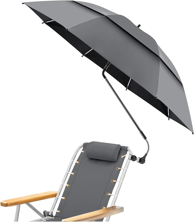 48.6" Double Canopy Beach Umbrella with Clamp, UPF50+ Beach Chair Umbrella with clip(Smoke)