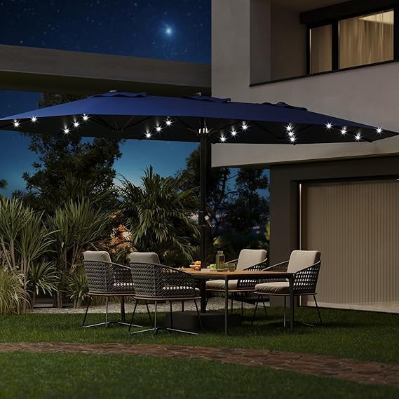TrailBlaze 15FT Patio Umbrella With Base and Solar Lights, Outdoor Large Patio Double-Sided Market Umbrella With Crank Handle, UV Protection, for Lawn Deck Backyard Pool