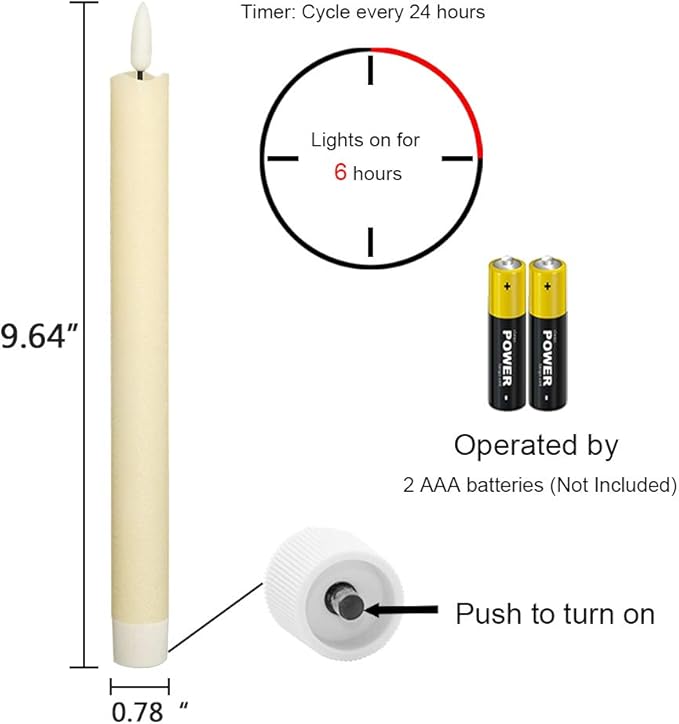 Wondise Ivory Flameless Taper Candles with Timer, 3 Pack Battery Operated LED Flickering 3D Flame Real Wax Candle for Christmas Thanksgiving Fireplace Decorations Halloween