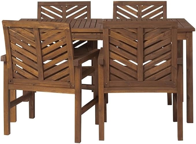 Walker Edison 4 Person Outdoor Wood Chevron Patio Furniture Dining Set Table Chairs All Weather Backyard Conversation Garden Poolside Balcony, 5 Piece, Dark Brown