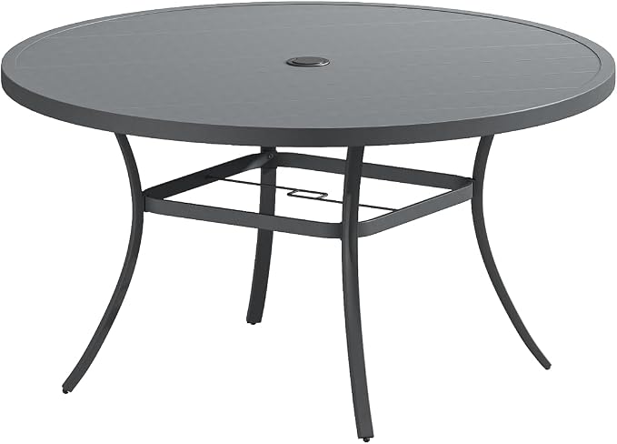 VICLLAX 53" Round Patio Table, Outdoor Dining Table for 8 with Umbrella Hole for Garden Lawn Deck Backyard, Dark Grey