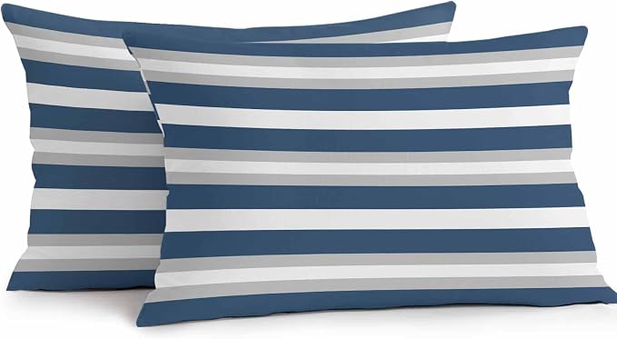 Lumbar Pillow Covers 20x12 Inch Set of 2, Navy Blue Grey Stripe Waterproof Outdoor Pillow Covers, Minimalist Farmhouse Striped Decorative Cushion Pillowcases for Couch, Sofa, Bed, Garden, Patio