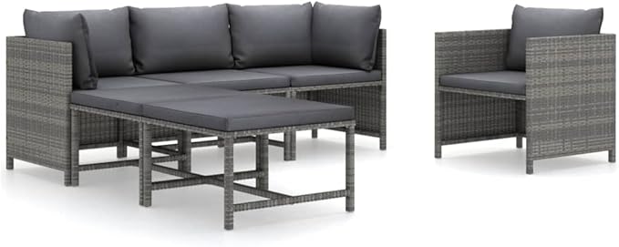 6-Piece Grey Rattan Patio Set, 23.6" Modular Outdoor Couch, Fade-Resistant Cushions, Tool-Free Assembly, Balcony Garden Deck Porch